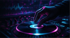 A hand cueing a glowing turntable in a dark club