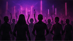 Silhouettes moving together in a glowing virtual club